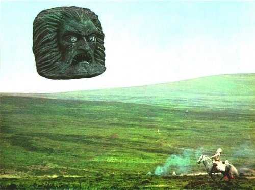 A floating head hovering over a person on horseback, referencing the Wizard of Oz - from Zardoz (1974)