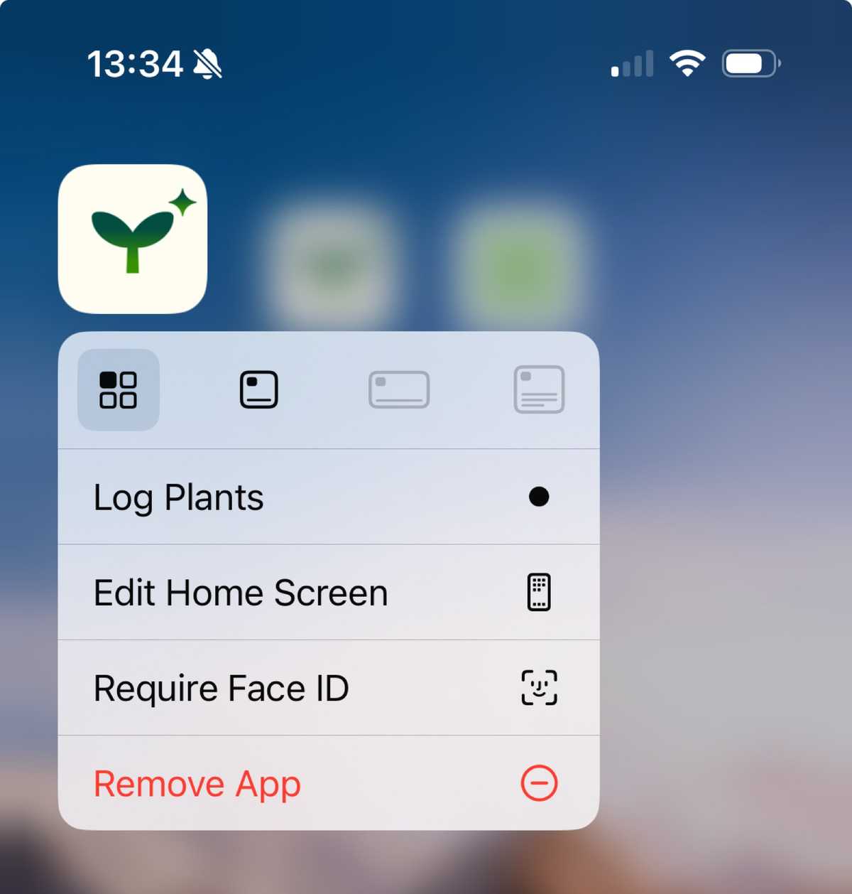 iOS home screen showing app icon with custom quick action menu for fast feature access